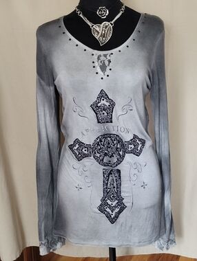 Affliction Gray Ombre Cross-Graphic Long Sleeve Tee